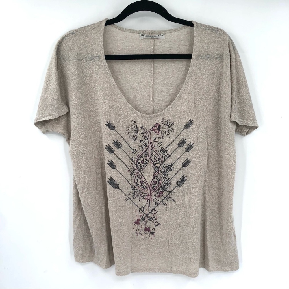 PROJECT SOCIAL T Boho Arrows Printed Blouse XL Women Tan Scoop Neck Short Sleeve